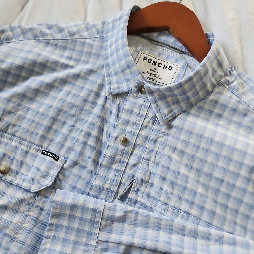 Poncho Outdoors Mens XL Slim Fit Blue Gingham Magnetic Pocket Shirt Vented L/S